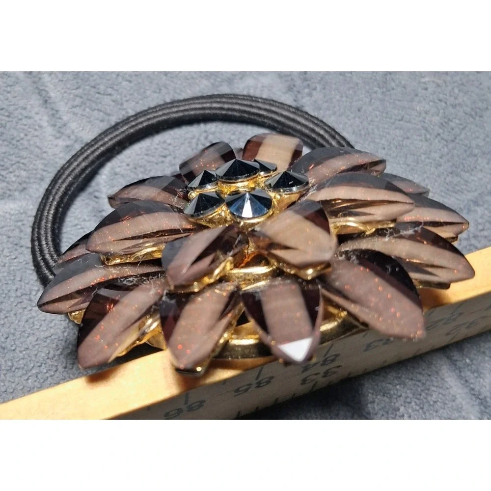 Chic Smoky Brown Glitter Flower Crystal Hair Tie Ponytail Holder Gold Tone Base